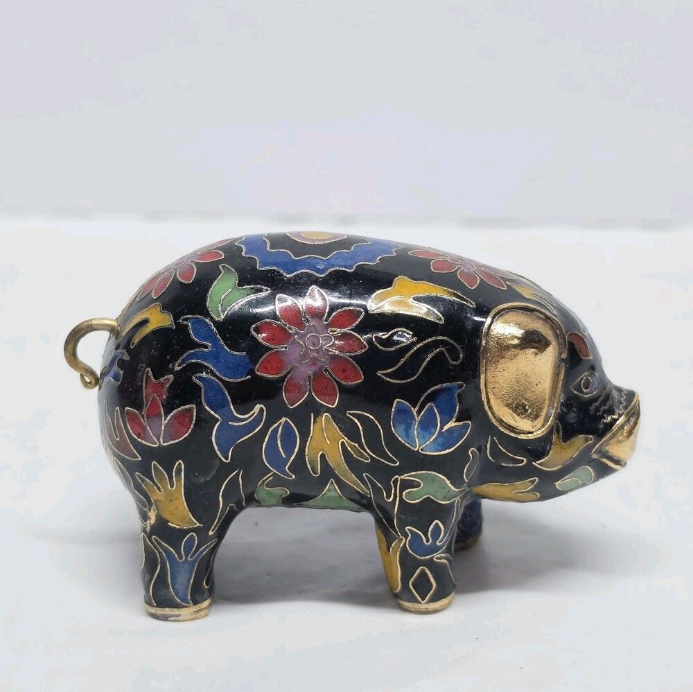 Vintage Cloisonne Pig Brass Enamel Figurine Floral Multicolor Traditional